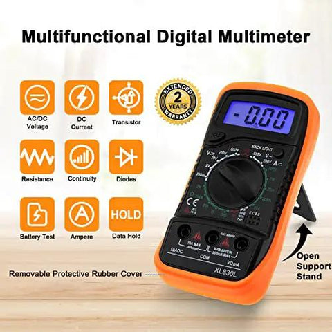 All In One Digital Multimeter Voltmeter Kit With LCD Display For AC DC Voltage And Current, Resistance, Continuity, Diodes, Battery Test, And Included Test Leads front view on a wooden surface.