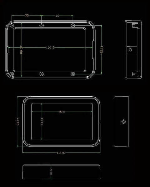 Technical drawing of the Rugged RFID Enclosure for DIY Access Control Projects, IP54 ABS Plastic Junction Box 115 X 75 X 21.5mm