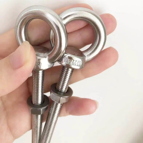 Heavy Duty Stainless Steel Eye Bolt Set, M8 Shoulder Eyebolt, Five Sixteenth Inch By Three Point One Five Inch, Two Pack With Nuts And Washer, close-up