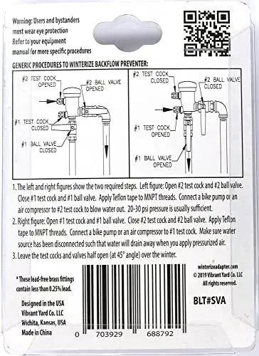 Back of valve adapters kit package showing winterization instructions for backflow preventers.