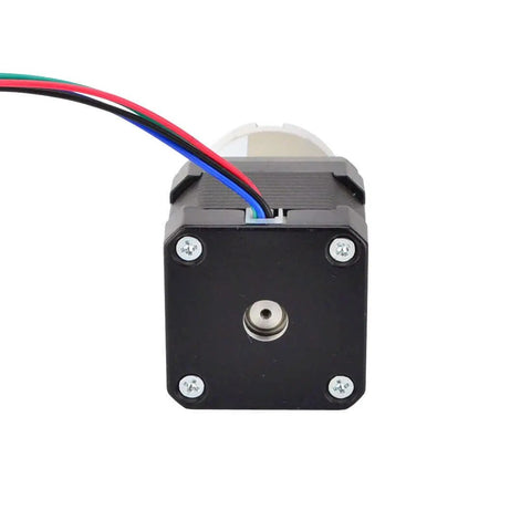 Front view of Beefy Torque 27 To 1 Planetary Gearbox for NEMA 17 Stepper Motor, showing wiring and mounting plate for CNC and 3D printers.