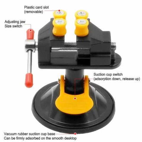 Mini Table Vise With Suction Base, 360 Degree Rotating Clamp, 0 to 25mm Jaw, black and yellow design, home workshop tool.