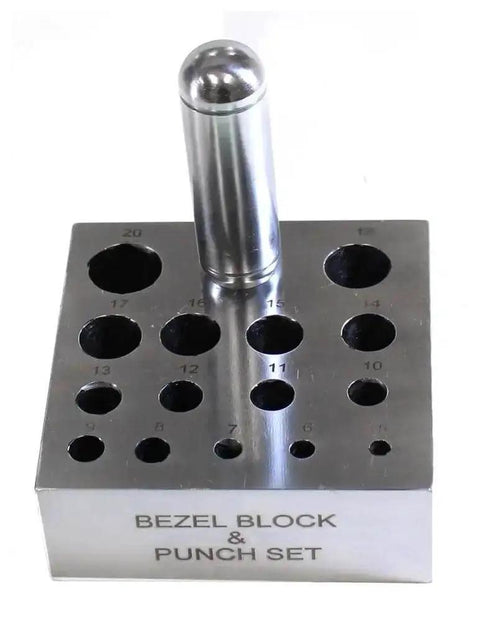 Heavy Duty Bezel Block And Punch Set For Soft Metal Sheets, 4x4x1.5 Inch Frame, showing holes for 5 to 20mm punch sizes
