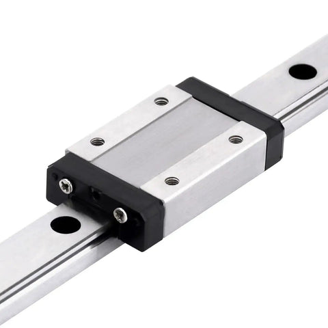 Close-up of 500mm MGN12 Linear Rail Guide with MGN12H stainless steel carriage block for DIY 3D printers and machines.