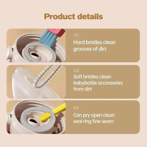 3 In 1 Cup Lid Gap Cleaning Brush For Bottles And Mugs Crevice Cleaner illustrating uses of brush tips on cup lid.