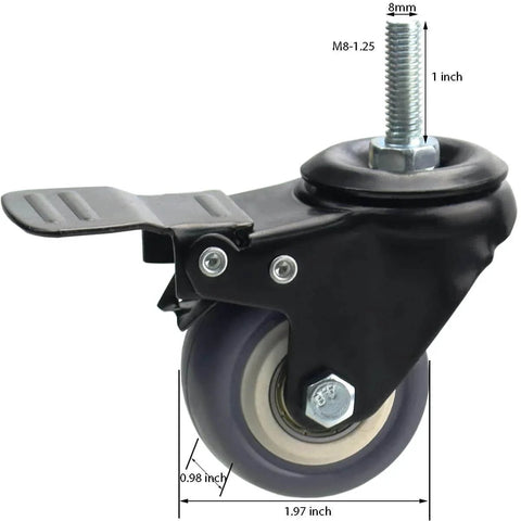 2 Inch Swivel Caster Wheels 4 Pack M8 1.25 Threaded Stem 8mm Durable Rubber With Double Lock For Carpet And Hardwood, side view close-up