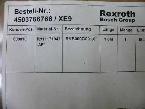 Label on packaging for Industrial Ethernet Connection Cable R911171947-AE1, Bosch Group, details on specifications and order number.