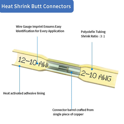 Heat shrink butt connectors, yellow 12-10 AWG and 2-10 AWG crimp terminals with adhesive lining and copper barrel.