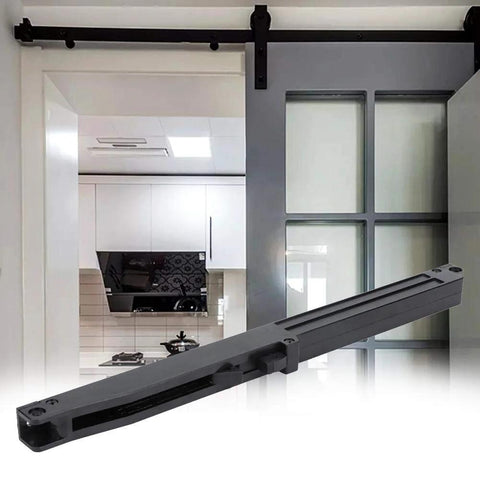Soft Close Buffer Damper For Sliding Barn Doors, Quiet And Adjustable Rise And Fall, One Way Track Glide Accessory shown installed