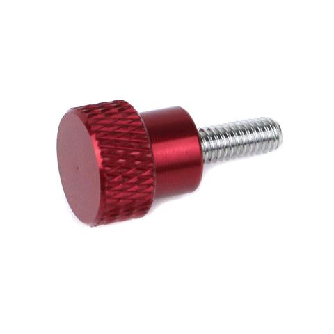 Red aluminum M4 knurled thumb screw with 10mm thread, knurled shoulder and flat tip, ideal for DIY projects and electronics