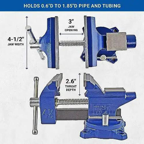 Home Workshop Vise With Four And A Half Inch Jaw Width And Three Inch Opening Swivel Base For Secure Grip Heavy Duty 30,000 PSI Gray Iron Construction Ideal For DIY Projects In The Shop Blue Finish shown open from side view
