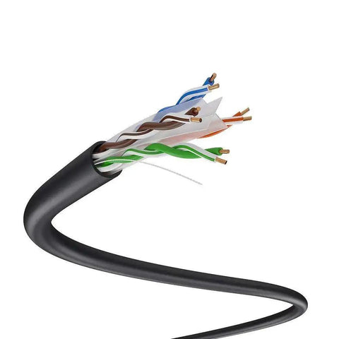 Close-up of black Cat6 Outdoor Ethernet Cable Direct Burial 23AWG Solid CCA UTP showing twisted pairs inside waterproof jacket.