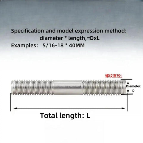 Illustration of Stainless Steel Double End Threaded Stud Bolt UNC Headed Screws 3/8-16 X 55mm with specifications.