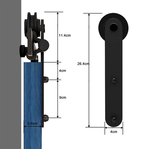Side view of Built To Last Sliding Barn Door Hardware Kit For Double Doors With Bypass Track, featuring black roller and measurements.