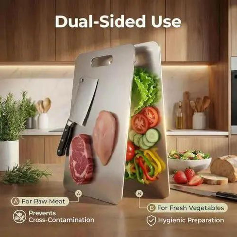 Stainless Steel Cutting Board Set for Kitchen Three Piece Non Toxic Warp Proof Dishwasher Safe With Easy Grip Handles in use with meat and vegetables displayed on each side for dual-sided use.
