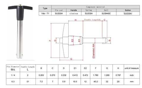 Diagram and specifications of 2 Pack T Handle Ball Locking Pins With Rope Quarter Inch Diameter 2 Inch Length 304 Stainless Steel Pin With Aluminum Grip