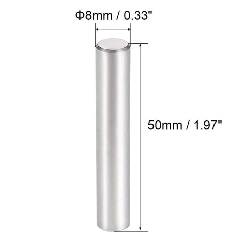 Five Pack 8 Mm By 50 Mm Dowel Pins 304 Stainless Steel Cylindrical Shelf Support Pins For Furniture Hardware And Go To Secure Fastening Silver Tone Rust Resistant, displaying a pin with dimensions.