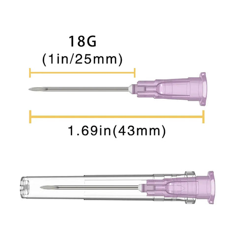 18 Gauge 1 Inch Luer Lock Needles 100 Pack Industrial Pro Grade Stainless Steel Individually Wrapped, side and close-up view.