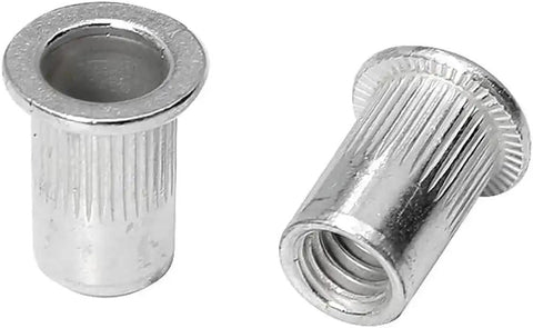 120 Piece Aluminum Rivet Nut Set 1/4-20 UNC Rivnuts Nutserts for DIYers, Auto and Home Projects, close-up of two silver rivet nuts