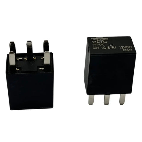 Close-up of 12V DC SPDT Power Relay 4 Pin 35A Beefy High Current Relay Set Of 2, showing pins and labeling for automotive use.