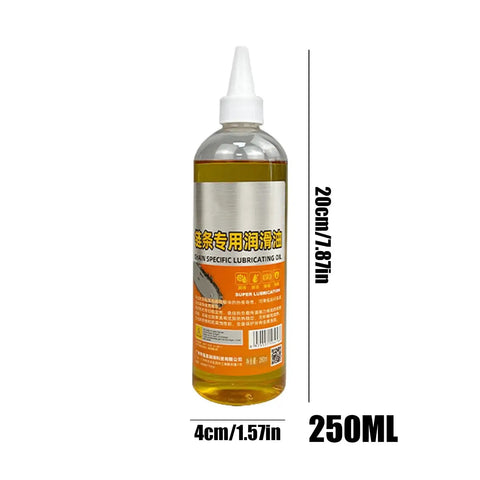 Friction-Reducing Chainsaw Lubricant With Deep Rust Protection And Anti-Wear Formula For High-Performance Cutting Ideal For Garden Tools Farm Equipment Workhorse Workshop Automotive And Marine Use bottle 250ml size with measurements labeled.