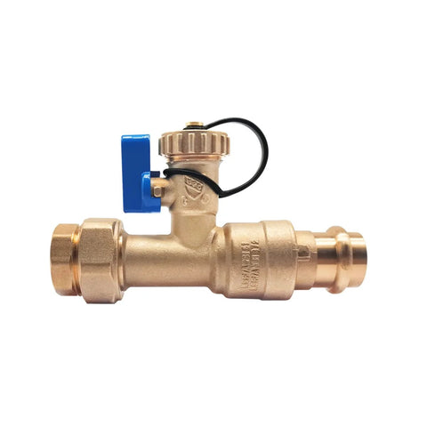 Brass 3/4 in tankless water heater isolation valve with blue lever, pressure relief valve, female threaded x press