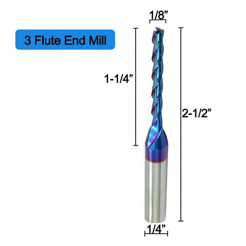 Extra Long Spiral CNC Router Bits Set, Cardibe End Mills, Two Pack, One Quarter Inch Shank, One Eighth Inch Cutting Diameter, One And A Quarter Inch Cutting Length, Two And A Half Inch Overall Length, Nano Blue Coating For Wood Carving Pro Grade
