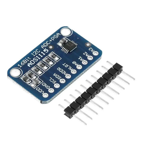 Four Channel 16 Bit I2C ADC Module With Programmable Gain Amplifier for Microcontrollers, top view, including header pins.