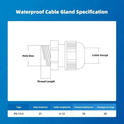 Diagram of waterproof cable gland specifications for 20 Pack Black Plastic Waterproof Cable Glands M20x1.5 For 6 To 11mm Cables