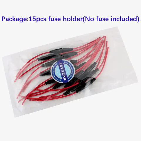 Pack of 15 Beefed Up Inline Fuse Holder 5 x 20mm With 16 AWG Wire 32V 20A Fast Blow Screw Type visible in clear plastic bag