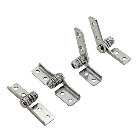 Front view of four stainless steel damping cabinet hinges with adjustable torque.