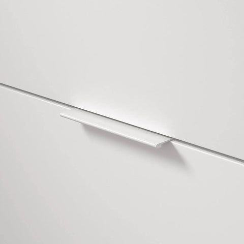 White Modern Cabinet And Drawer Edge Pull Handle Center To Center Five And One Sixteenth Inch 128 Mm installed on cabinet