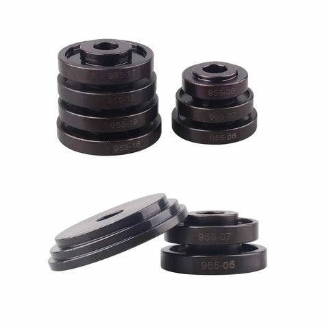 Stacked bushings and sleeve plates from Front Wheel Drive Bearing Removal Tool Set With Press Kit And Adapters For On Vehicle Bearing Replacement