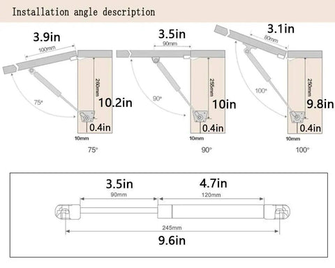 Installation angles for soft close cabinet hinges with gas spring lid support for kitchen cabinets hydraulic lift set of 2.
