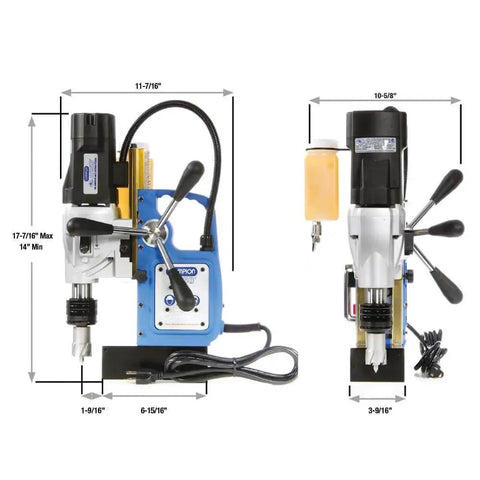 Front and side view of RotoBrute MightiBrute AC50 Portable Magnetic Drill Press For Tackling Metal With 2-1/8 Inch Cutter Capacity And 2 Inch Depth, Lightweight 33 Lb, 3370 Lb Magnet, Dual Speed 450 To 300 RPM, Quick Change Arbor For Fast Annular Cutter Swaps.
