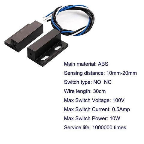 Three Sets NO NC Black Magnetic Door Sensor Reed Switch Kit with 30cm cables and specs, ABS material, for home and office security.