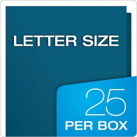 Blue Two Pocket Folders With Two Fasteners For Letter Size Papers Holds Up To 135 Sheets Includes Die Cut Business Card Pocket 25 Folders Per Box Great For School And Office Use Workhorse packaging showing letter size label and 25 per box.