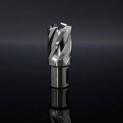 Annular Cutter 15/16 Inch Cutting Diameter With 1 Inch Depth, side view showing spiral flutes for magnetic drill press use