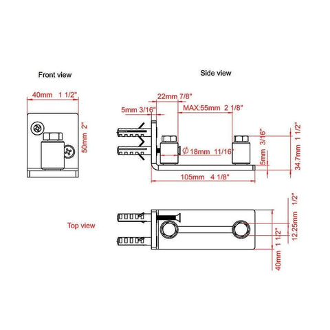 Technical diagram of Stainless Steel Sliding Door Guides Floor Mount With Adjustable Rollers, dimensions labeled.