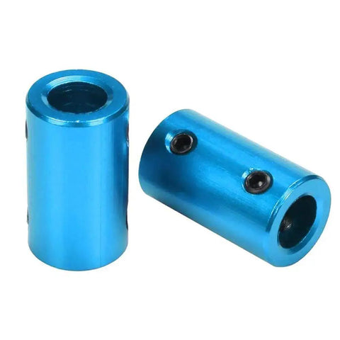 Two blue aluminum 6 Pack Aluminum Alloy Shaft Couplers For DIY Projects Rigid Stepper Motor Wheel Connectors 5mm to 5mm