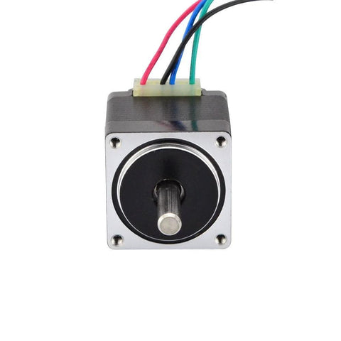 Mini NEMA 11 bipolar stepper motor, front view; silver body with black faceplate and four-wire connector, exposed shaft.