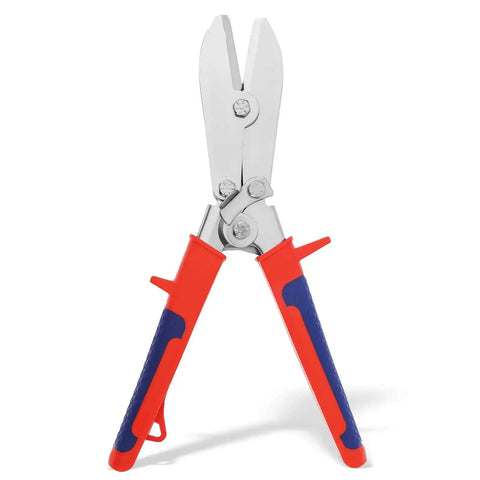 Five Blade Hand Crimper For Gutter And Sheet Metal with red and blue anti-slip handles, rust-resistant build, front view.