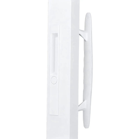 Flush Mount NonKeyed Sliding Glass Patio Door Lock Handle Set Fits One To One And One Eighth Inch Thick Doors With Six And Five Eighth Inch Hole Spacing Night Lock Hook Latch NonHanded White side view