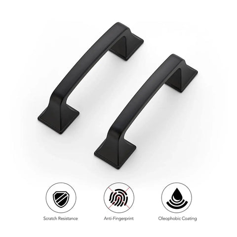 30 Pack Solid 3 Inch Center To Center Square Arch Cabinet Pulls Matte Black For Kitchen Cabinets Drawer Handles Hardware For Cupboards And Doors With 365 Day Satisfaction Guarantee, showing front view with scratch resistance and anti-fingerprint features