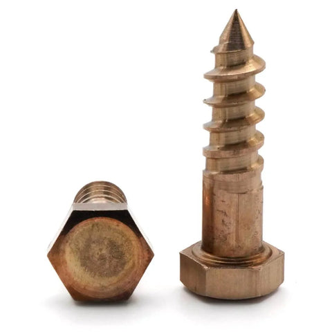 Beefed Up Heavy Duty Pro Grade Silicon Bronze Lag Screws One Quarter Inch By Two And A Half Inches Pack Of Twenty Five For Wood Framing And Machinery Anchoring In Heavy Duty Carpentry Outdoor And Marine Projects, showing screw front and side view.