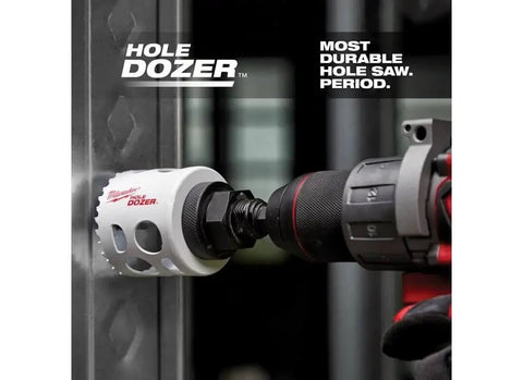 13 Piece General Purpose Hole Dozer Hole Saw Kit For Quick No Fuss Clean Cuts With Ice Hardened Cryogenically Treated Teeth Providing Up To Fifty Percent Longer Life And Up To Two Times Faster Cutting Milwaukee 49 22 4025 in use on metal surface