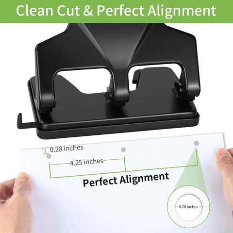 Heavy Duty Three Hole Punch For Binders, 40 Sheet Capacity, Nine Thirty Second Inch Holes, demonstrating perfect alignment