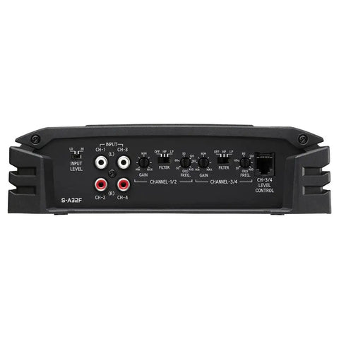 Rear view of Alpine S A32F 4 Channel Class D Digital Car Amplifier, 320 Watts Total Power, showing control panel and input outputs.