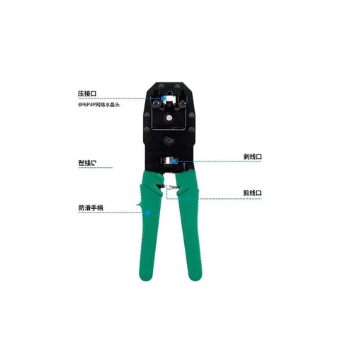 Pro Grade Cat5 Network Cabling Tools And Battery Tester Set, 5-Piece Diy Maintenance Kit In Green Box, crimping tool with green handles.