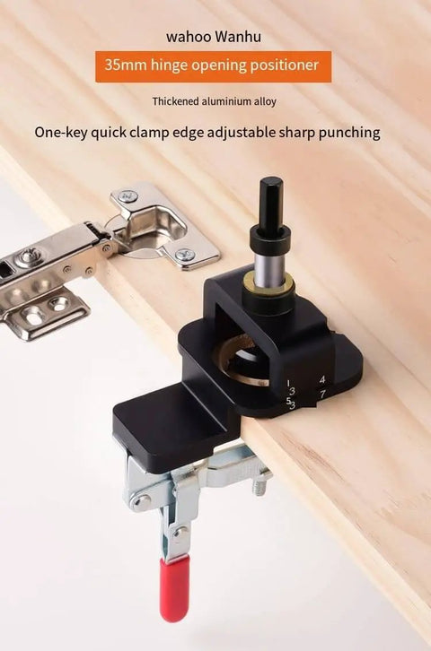 35mm Hinge Drilling Guide for Cabinets and Doors, Adjustable Template with Pre-Aligned Hole Drill Guide on wood surface
